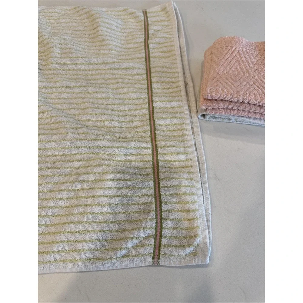 VTG Bathroom Towel Lot 4 Avocado Green Pink Floral Strip Bath‎ Hand Wash Retro